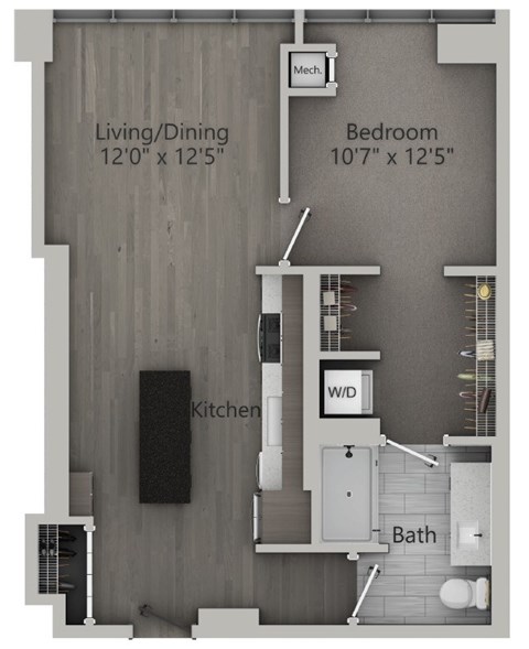 Floor plan for 1 bed, 1 bath, 691 sqft